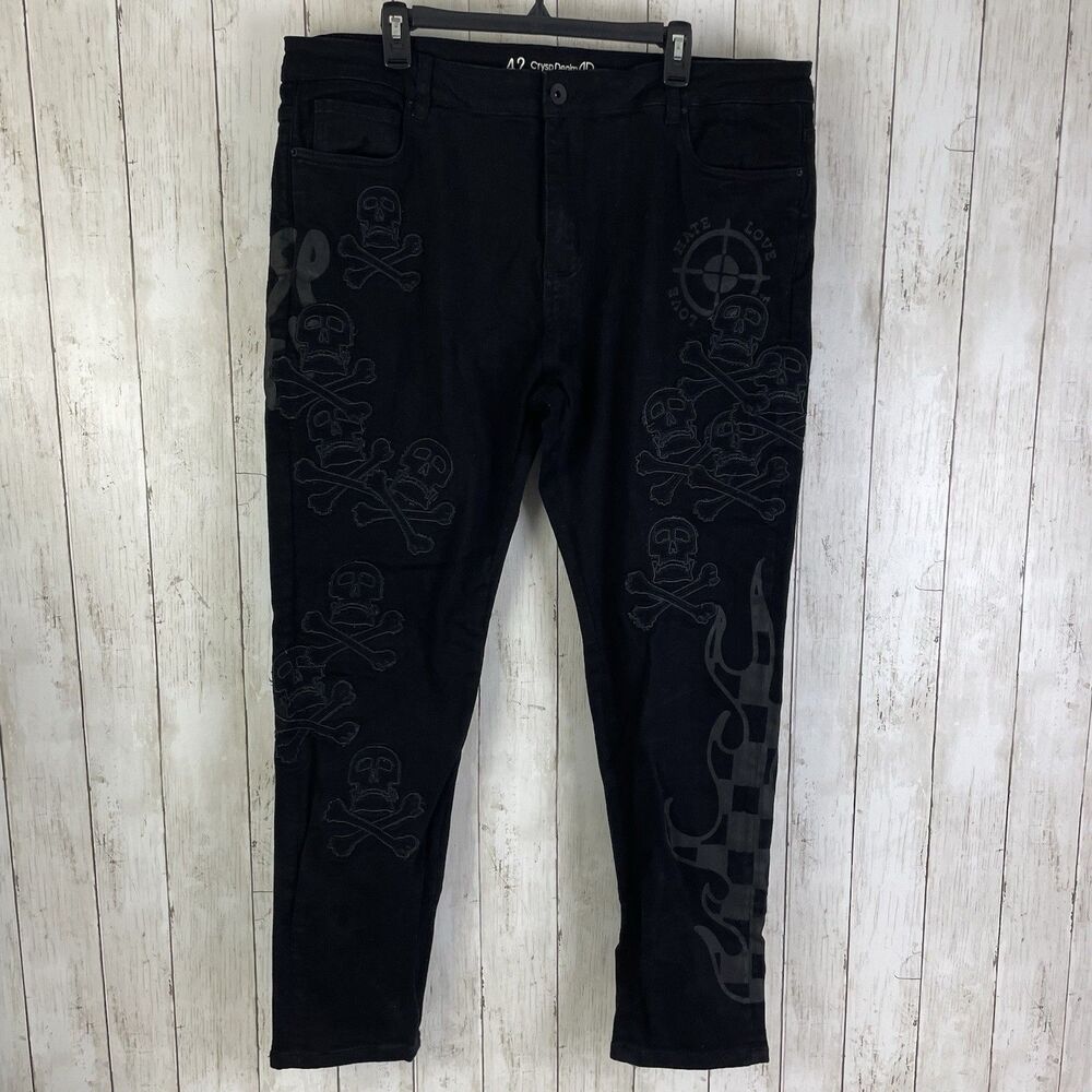 CRYSP Denim Men’s Jeans Size 42 X31 Black Skull Embroidery Stretch